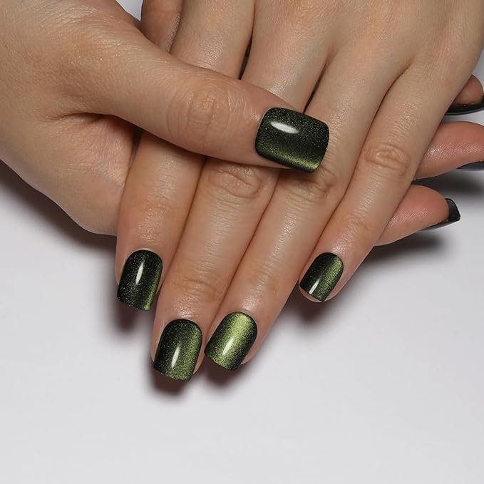 Short Square Press on Nails, Moss Green to Black Gradient Cat Eye Press on Nails with Glue for Women Ashionable Gel False Nails Reusable Acrylic False Nails Women's Glitter Nails Glue On Nails Kit
