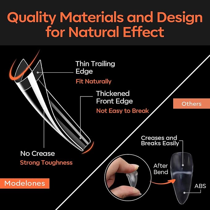 modelones XXL Long Coffin French Nail Tips, 504 PCS No C Curve Half Cover Clear Acrylic Fake Nails Tips Gel Pre-shaped 12 Sizes with Box