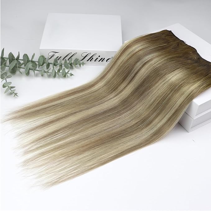 Full Shine Clip on Hair Extensions Human Hair 16 Inch Lace Clip in Extensions Real Human Hair Brown Ombre Ash Brown Mix Light Blonde Straight Remy Hair Extensions 3 Pcs 60 G