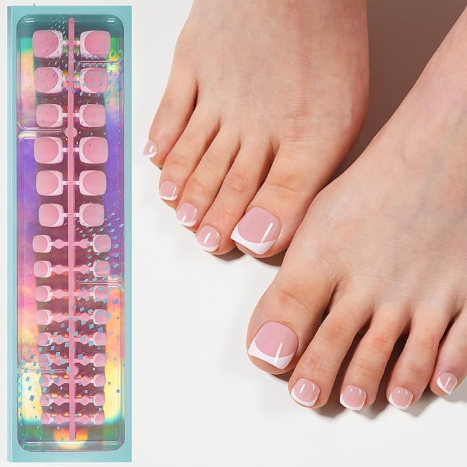 Vansiho Press on Toenails Short, Pink White French Tips Toenail Press on Square for Women, Soft Gel Fake Toe Nails, Acrylic Nails Soak off Toe Nail Home DIY 15 Sizes