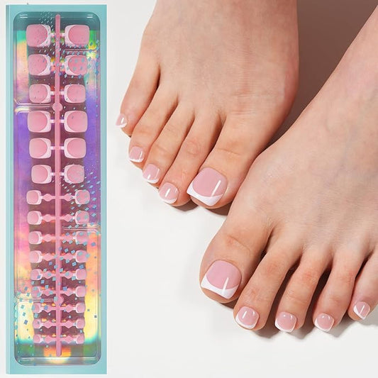 Vansiho Press on Toenails Short, Pink White French Tips Toenail Press on Square for Women, Soft Gel Fake Toe Nails, Acrylic Nails Soak off Toe Nail Home DIY 15 Sizes