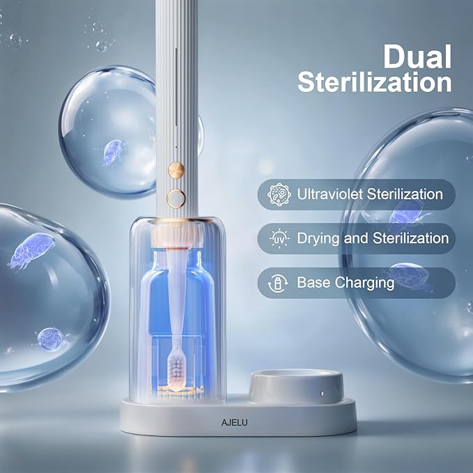 Electric Toothbrush Set with Drying & Sanitizing Holder, 8 Replacement Brush Heads, Transparent Rinse Cup, Smart Timer, USB Rechargeable for Adults