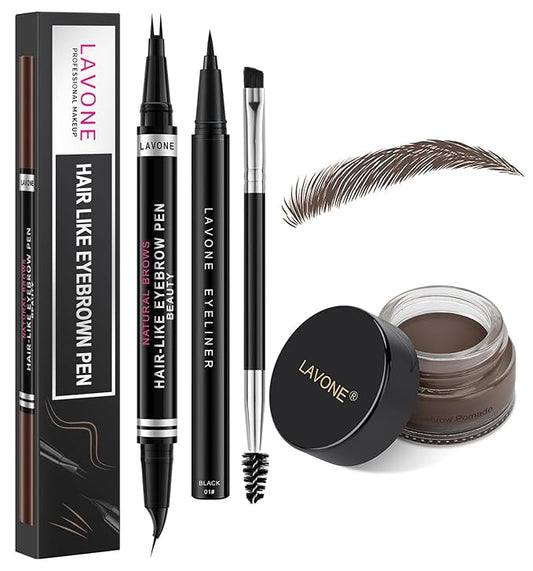 LAVONE Hair-Like Eyebrow Pen Makeup kit, Eyebrow Pencils for Women with Waterproof Microblading Eyebrow Pencil, Eyebrow Pomade, Eyeliner and Eyebrow Brush, Create Full, Natural Brows, Black Brown