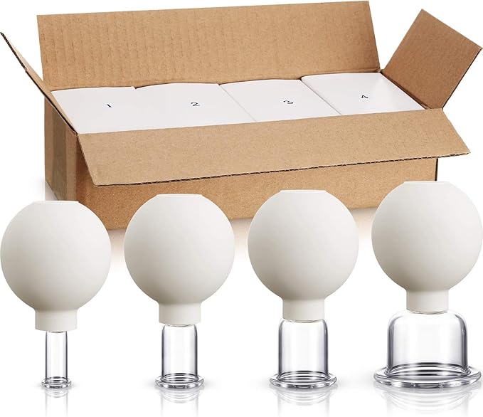 4 Pieces Glass Cupping Set Glass Silicone Cupping Cups Massage Vacuum Suction Cupping Cups for Body Face Leg Arm Back Shoulder Muscle and Joint Pain (White)