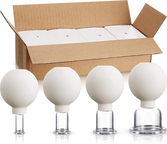 4 Pieces Glass Cupping Set Glass Silicone Cupping Cups Massage Vacuum Suction Cupping Cups for Body Face Leg Arm Back Shoulder Muscle and Joint Pain (White)