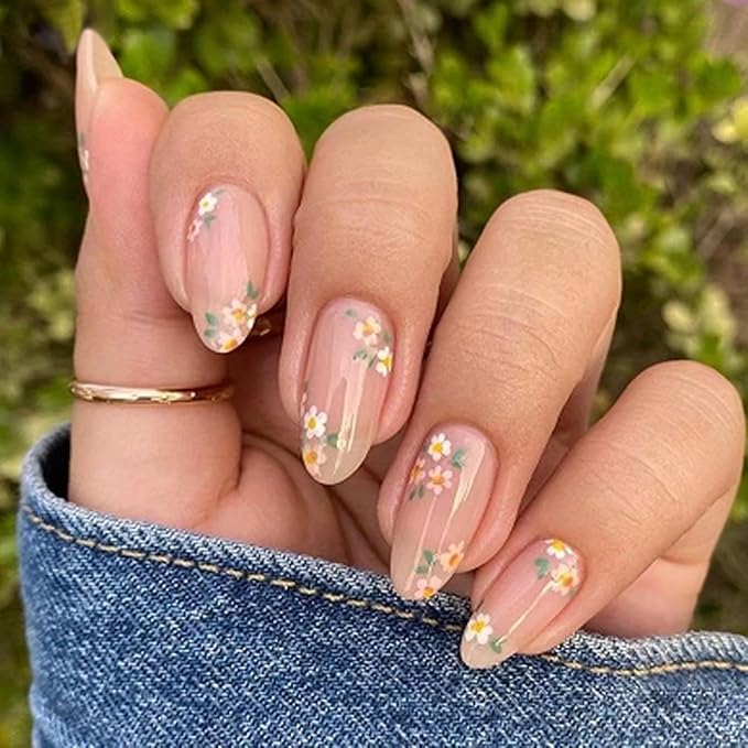 Small Flower Press on Nails Nude Full Cover Fake Nails Medium Almond False Nails with Design Spring Summer Nail Reusable Artificial Acrylic Stick on Nails for Women Manicure 24Pcs