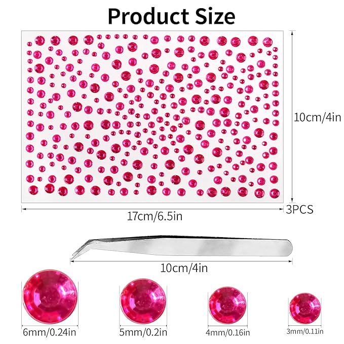 975Pcs Face Gems Hair Gems, Self-Adhesive Face Jewels Eye Jewels Rhinestones 3/4/5/6 mm DIY Face Gems Stick on, Hair Body Rhinestones Gems Crystals Pearls for Face Makeup, Crafts (gem_Rosered)