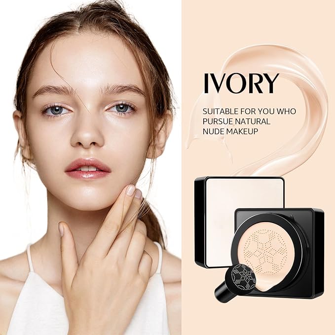 Air Cushion CC Cream Mushroom Head - Moisturizing & Oil Control Screw Lid Concealer Makeup Base, Primer Liquid Foundation Long Lasting with Mushroom Makeup Sponges for All Skin Types (Ivory)