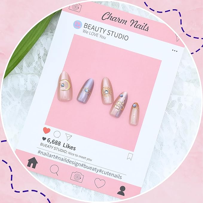 30Pcs Gold Star Press on Nails Medium Almond Fake Nails with 3D Blue Rhinestones Designs Glue on Nails Cute Moon Acrylic Nails Gold Snake French False Nails Bohemian Style Stick on Nails for Women