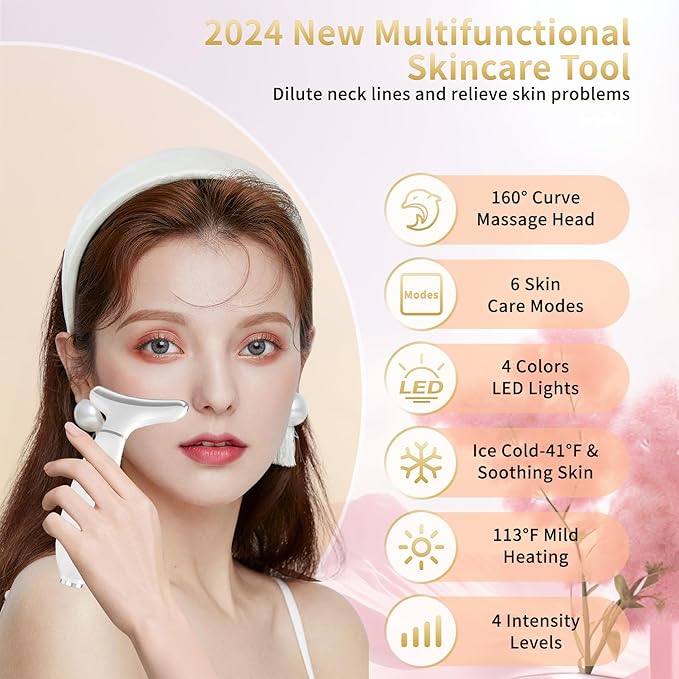 Red Light Therapy for Face and Neck, Facial Skin Care Tools, Micro-Current Vibration Facial Cold and Hot Service, Red and Blue LED Light, 4 Color LED Facial Light Therapy Device for Skin Care at Home