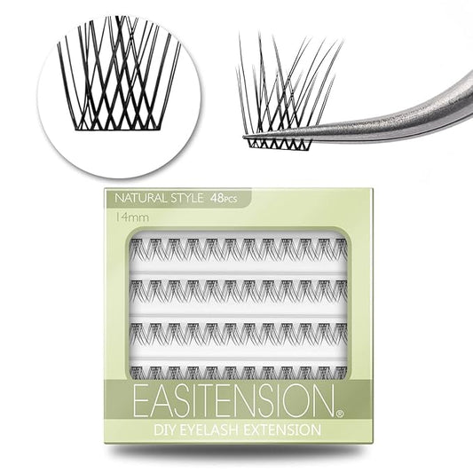 DIY Eyelash Extension, 3D Effect Glue Bonded Band Individual Lash 48 Clusters Volume Lashes Set, Home Eyelash Extension, C curl Lashes Pack 14MM-Natural-48 Clusters