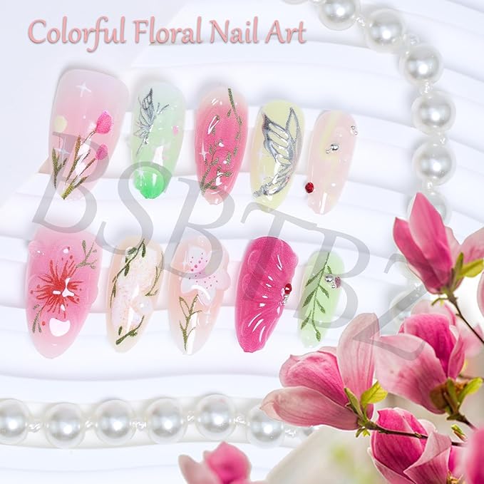30Pcs Floral Press On Nails Short Almond Nails with Colorful Flower Butterfly Designs Hand-Painted Leaves Stick On Nails Multi-color French Tip Press Ons Handmade Elegant Set for Spring & Summer