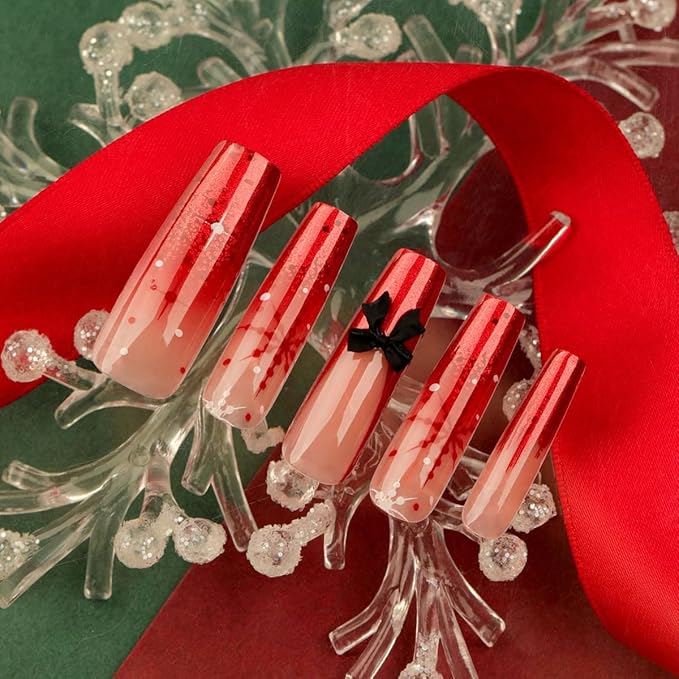 Christmas Press on Nails New Year Long Square Fake Nails Red French Tip False Nails Snowflake Design Full Cover Glossy Glue on Nails for Women 24PCS