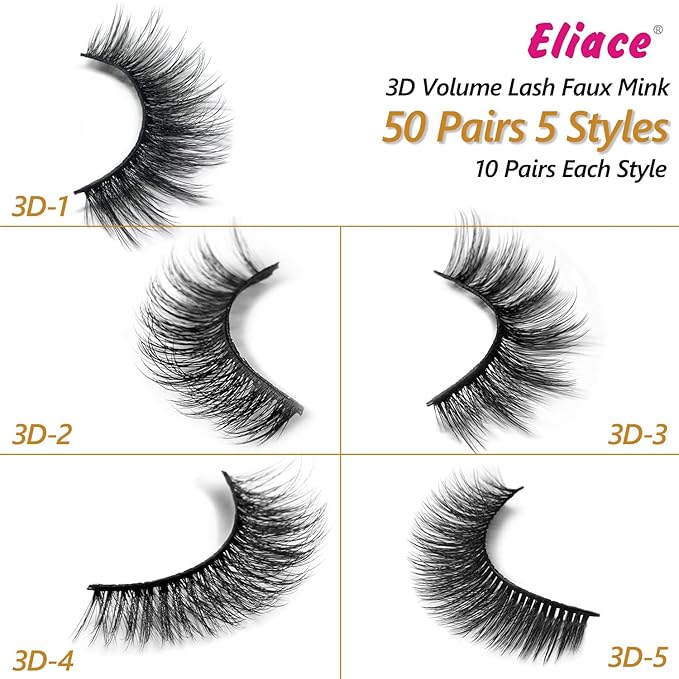 Eliace False Eyelashes Natural look Cat Eye Lashes Wispy Strips 3D Mink Lashes Fulffy,NEW 50 Pairs 5 Styles Fake Eyelashes,Faux Volume Curly Full,Thin Lash Band Soft Comfortable Lightweight Lash Pack