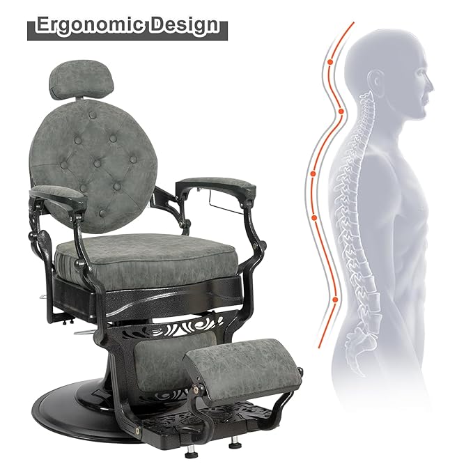 Winado Heavy Duty Vintage Recline Barber Chair Hydraulic with Headrest, Supports up to 700lbs & 360° Rotatable, Professional Salon Beauty Spa Shampoo Equipment (Grey - Button Style)