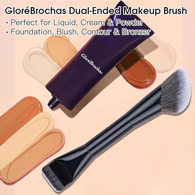 Dual-Ended Makeup Brush,Flat Top Foundation & Angled Contour Brush for Flawless Blending, Smooth Coverage & Effortless Contouring, Ideal for Foundation, Blush, Bronzer & Powder (Black)