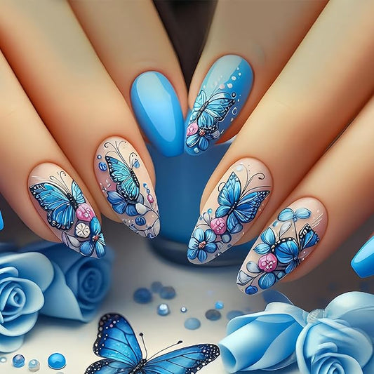 Blue Butterfly Press on Nails Almond Medium Floral Butterfies Pattern Blue Acrylic Fake Nail Full Cover Glossy Artificial Fingernails Spring Acrylic Nail Reusable 24Pcs Glue on Nails for Women