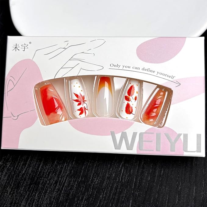 30Pcs Fall Press on Nails Medium Coffin Fake Nails with 3D Ripple Design Maple Leaf False Nail Orange French Tip Glue on Nails Thanksgiving Acrylic Nail Full Cover Stick on Nail for Women DIY
