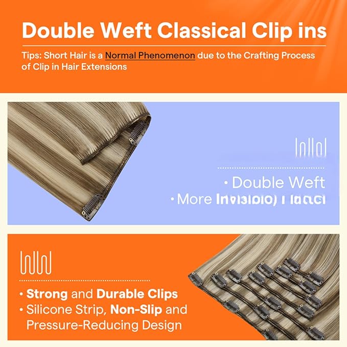 Full Shine Dark Blonde Hair Extensions Clip in 18 Inch Teddy Bear Blonde Clip in Human Hair Extensions for White Women 120 G 7 Pcs