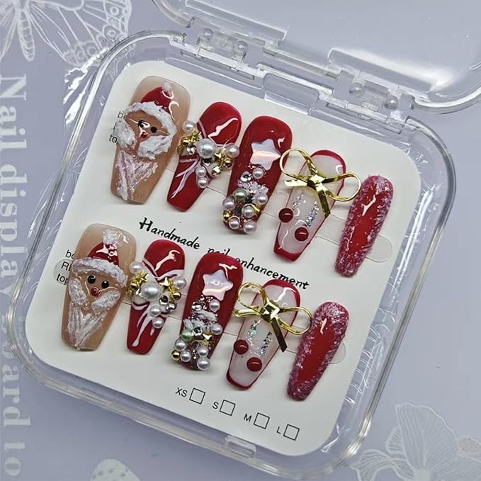 10Pcs Christmas Press on Nails Long Coffin Fake Nails with Gold Bow Charms Designs Luxury Pearls Christmas Tree Santa Claus False Nails Winter Artificial Stick on Nails for Women DIY Manicure Decor
