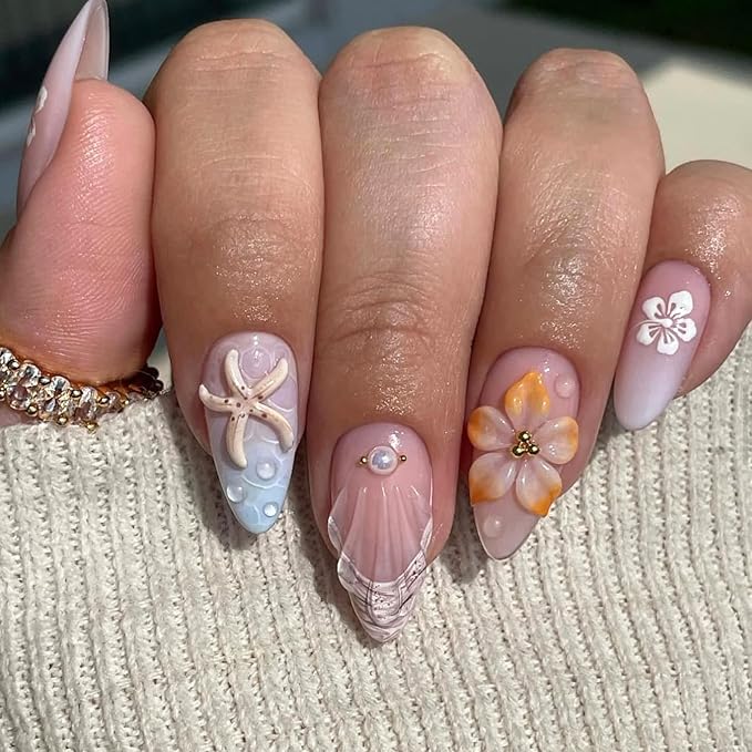 Summer Press on Nails Almond Medium Fake Nails with 3D Flower Starfish Design French Tip False Nails Glossy Glue on Nails White Floral Full Cover Stick on Nail for Women Manicure Decor