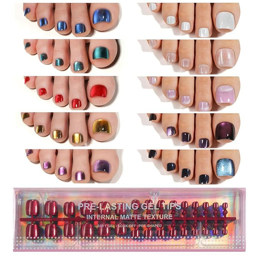 300Pcs Cat Eye Toe Nail Tips, Plauva Toe Press on Nails, 10 Colors Glossy Glitter Cat Eye Fake Nails, Soft Gel Stick On Nails for Women and Girls 15 Sizes