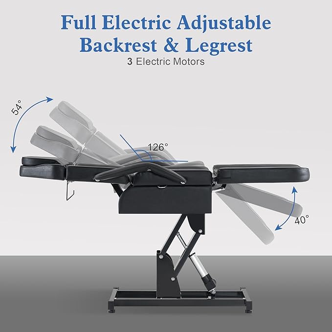 BarberPub Fully Electric Facial Bed with 3 Motor for Esthetician, Electric Tattoo Chair for Client, Facial Bed for Esthetician, Electric Adjustment 2751 (Black, Height (Flat): 24"–33")