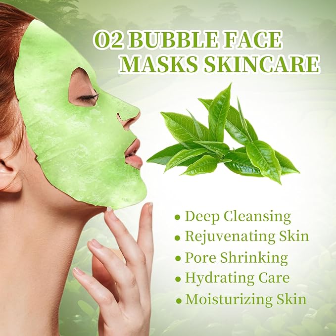 10 Sheets Face Masks Skincare O2 Bubble Green Tea Face Mask, Cleaner Bubble Sheet Masks Foaming Purifying Facial Mask for Pores, Moisturizing Spa Face Masks Skin Care For All Skin Type