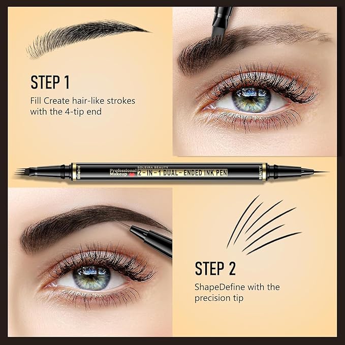 Eyebrow Pen, Soleira Waterproof Eyebrow Pencil with 4 Tip Microblading Eyebrow Pen and Dual-ended Eyebrow Brush, for Natural-Looking Brows, Long-Lasting, Soft Brown