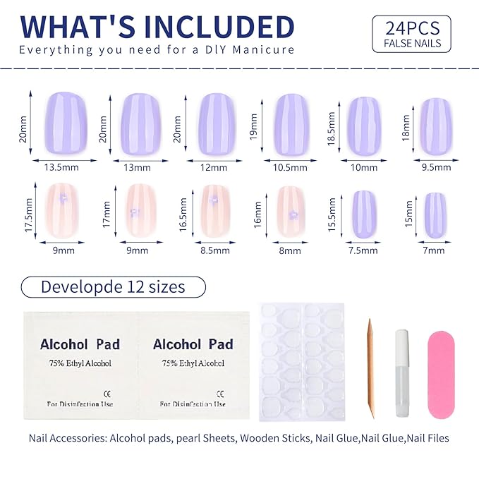 Lavender and Pink Press On Nails Square Short, Purple Flower Fake Nails with 3D Floral Design, Glossy Finish Reusable Acrylic Nails, Natural Glue On Nails Kit for Women, 24Pcs