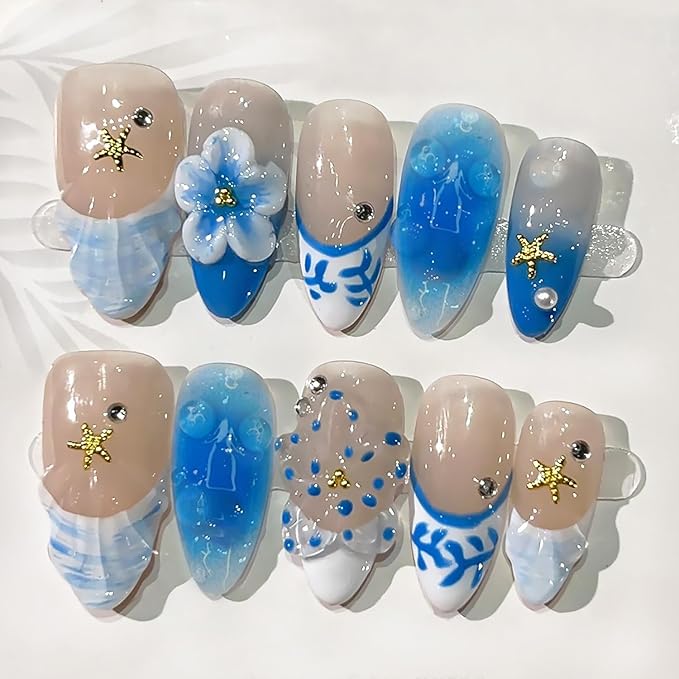 10Pcs Blue Flower Press on Nails Medium Almond Handmade Fake Nails 3D Flower with Gold Starfish Summer Press Ons Designs Stick on Nails French Tip False Nails for Acrylic Manicure Decorations Tips