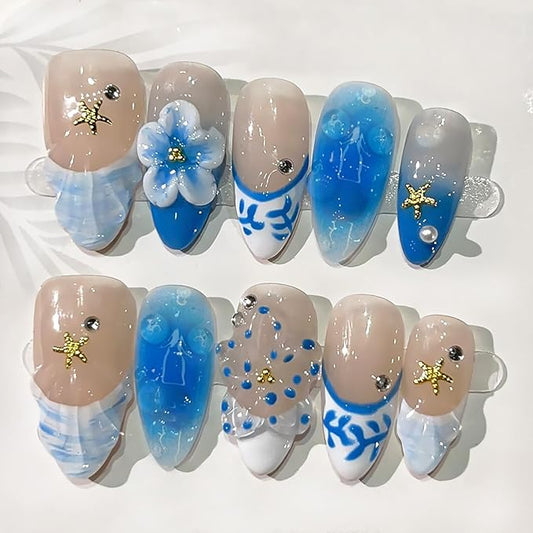 10Pcs Blue Flower Press on Nails Medium Almond Handmade Fake Nails 3D Flower with Gold Starfish Summer Press Ons Designs Stick on Nails French Tip False Nails for Acrylic Manicure Decorations Tips
