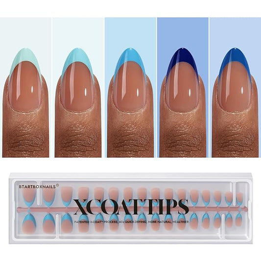 BTArtboxnails XCOATTIPS French Tip Press On Nails - Blue Press On Nails Short, Almond Fake Nail Tips, 160Pcs Soak Off Soft Gel Acrylic Brown Nail Extension in 16 Sizes