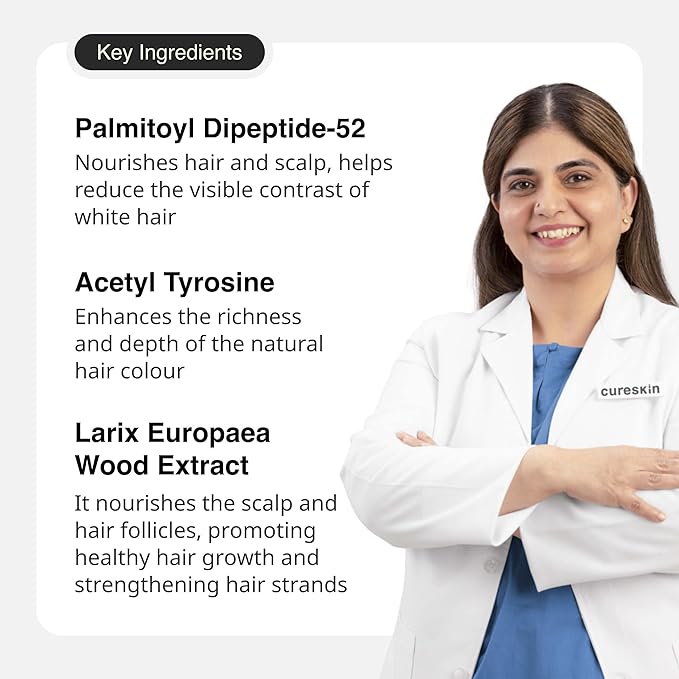 Cureskin Anti Grey Hair Serum | Gradually Reduces Gray Hair on Head & Beard Without Dye | Restores Natural Hair Colour with Peptide-52, Acetyl Tyrosine & Larix Extract | Peroxide & Ammonia Free