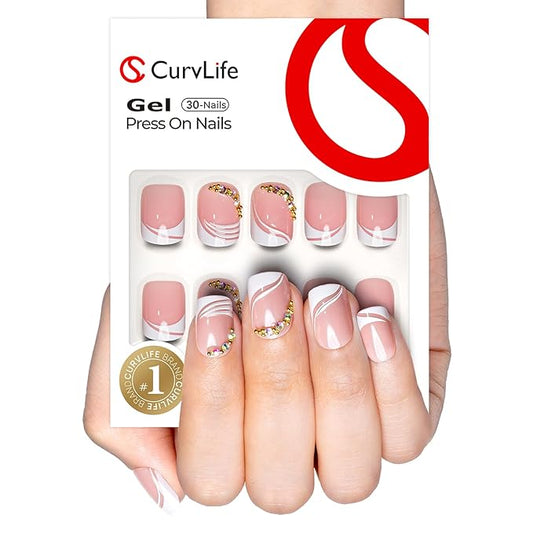 Curvlife Soft Gel Press on Nails Fake Nails with Golden French Design Full Cover False Nails for Women Reusable Nail Kit with Nail Glue Adhesive Tabs Nail File