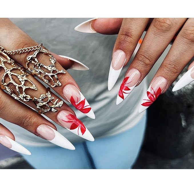 IMRAIN Long Stiletto Press on Nails White French Tips Fake Nails with Red Flower Designs Full Cover Glossy Artificial Gel False Nails for Women 24Pcs