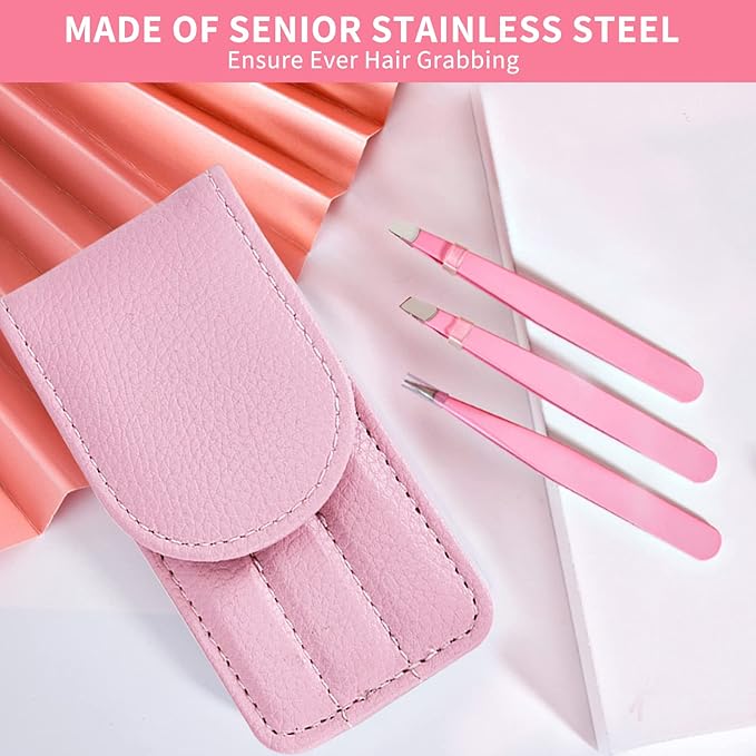 Pink Tweezers for Women Facial Hair, Precision Tweezers for Eyebrows, Hair Removal, Facial Hair, Ingrown Hair, Tweezers for Men