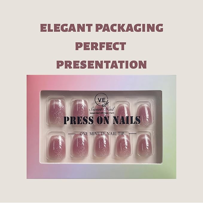 30Pcs Mauve Plum Cat Eye Press On Nails Short Square | French Fake Nails with Glue, File & Tools | Reusable Soft-Fit Nail Tips in 12 Sizes for Women