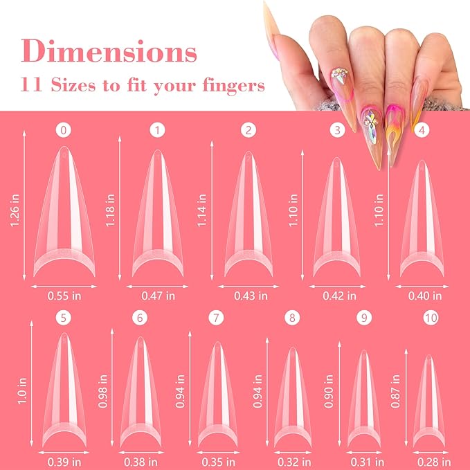 Clear Stiletto Nail Tips, No C Curve Medium Nail Tip for Acrylic Nails Professional, 550PCS Soft Gel Nail Tips Half Cover Stiletto Almond Fake Nails Extension for Salon Home DIY