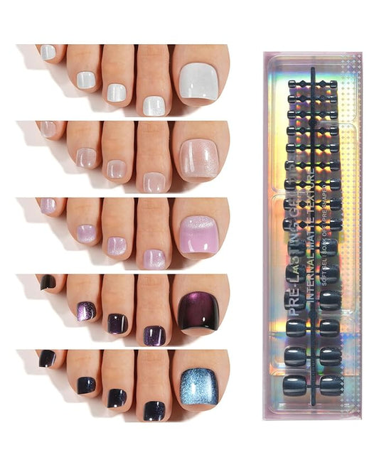 150Pcs Cat Eye Toe Nail Tips, Plauva Toe Press on Nails, 5 Colors Glossy Glitter Cat Eye Fake Nails, Soft Gel Stick On Nails for Women and Girls 15 Sizes