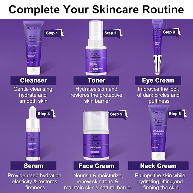 Skin Care Set,6Pcs Professional Womens Teens Tighten Lift Firm Skincare,Hydrate Anti-Aging Facial Routine Kit Travel Gift Set,Birthday Christmas Secret Santa Gifts for Women Teenage Girl Wife Mom