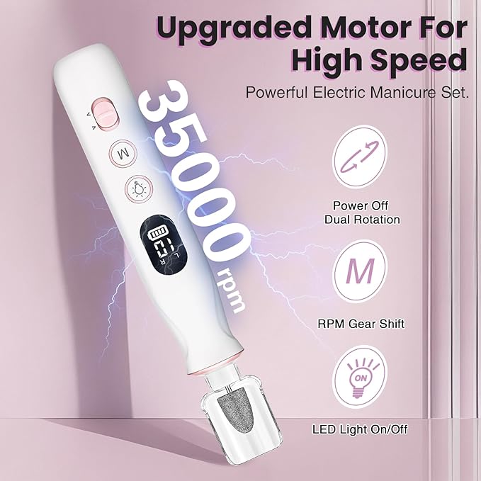Electric Nail Drill, Cordless 2000 mAh Rechargeable Portable Nail File 12 in 1 Kit for Thick Toenails, 10 Speeds Nail Dril Machine Professional Manicure Pedicure for Hand Natural Nails Care (White)