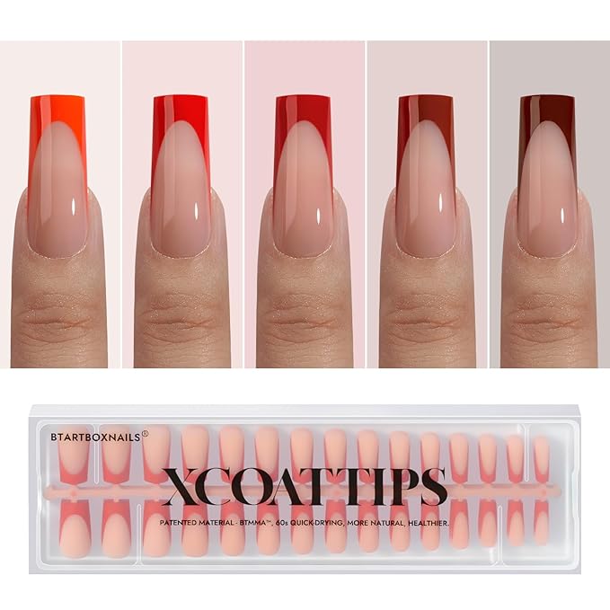 BTArtboxnails XCOATTIPS Red French Tip Press on Nails - Red French Tip Nails Square, Christmas Press on Nails Long, Soak Off Soft Gel Nail Extension 150Pcs