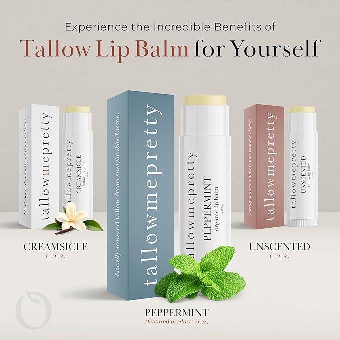 Peppermint Lip Balm, Ultra-Soothing, Deeply Hydrating Tallow Lip Balm with Grass Fed Beef Tallow, Beeswax, Jojoba Oil & More, Non Toxic Lip Care, Made in the USA, 0.15 Oz.
