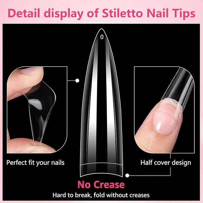 Quaferen XL Stiletto Nail Tips，504PCS No C Curve Tips for Acrylic Nails, Clear Nail Tips Stiletto, Half Cover Almond False Nail Extension for Salons Home DIY 12 Sizes