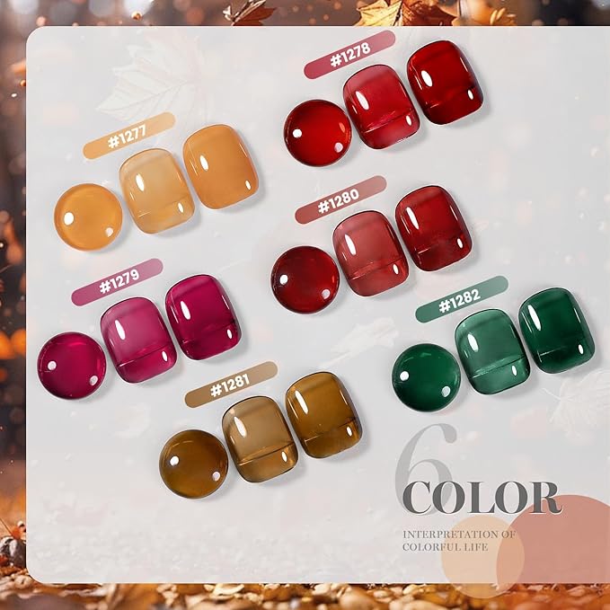RARJSM Jelly Stained Glass Gel Nail Polish Set 6pcs Clear Amber Yellow Cherry Red Orange Olive Green Crystal Transparent Series Sheer Gel Varnish Curing Requires Soak off Home Salon French Manicure