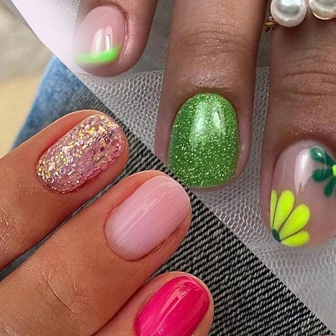 48Pcs Short Press on Nails Square Fake Nails with Sparkling Glitter Floral Design Green Pink French Tip Press ons Kit Flower Stick on Nails Spring Summer Nail Art Decorations for Women Daily Wear