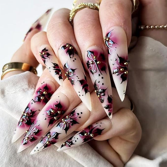 24Pcs 3D Flower Press on Nails Polk Dots Gel Glue on Acrylic Fake Nails Blood Flowers Press ons Fingernails Matte Pink Gradient Long Stiletto False Nail Pearls Stick on Nail for Holiday Manicure Art