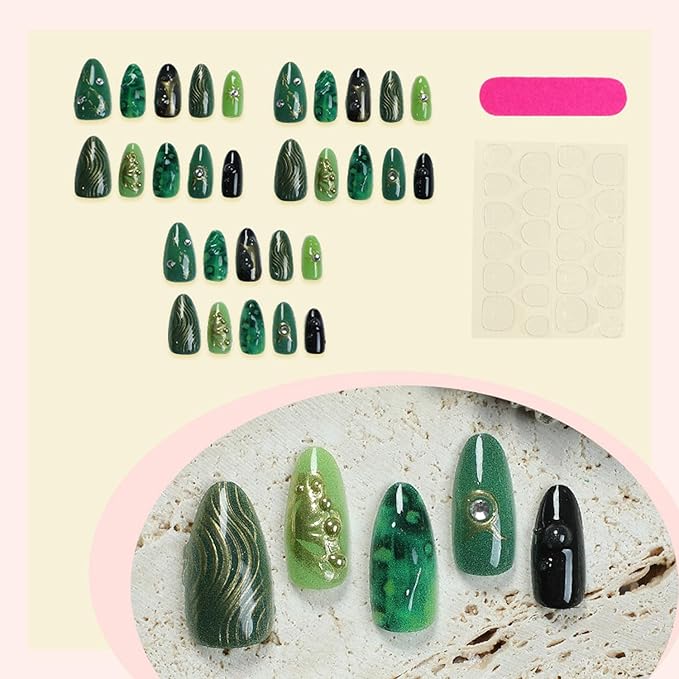 30Pcs Green Press on Nails Oval Almond Fake Nails Gold Butterfly Design Rhinestone Starlight Full Cover Nail Tips Handmade False Fingernails Medium Artificial Nails Cute Stick on Nails for Women DIY