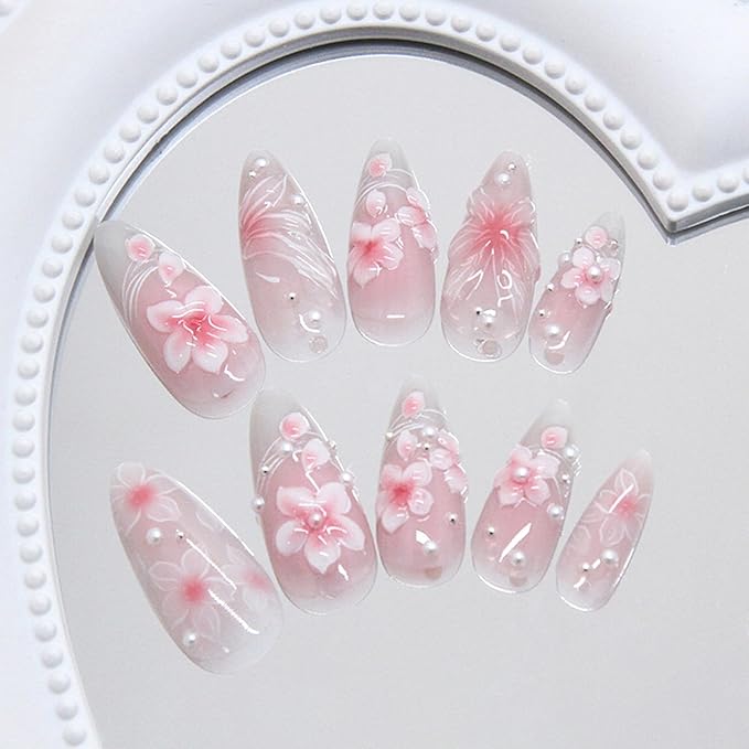 3D Flower Press on Nails Medium Almond Fake Nails with Pink Blossom Designs Handmade False Nails Glossy Full Cover Acrylic Nail Tips Peal Floral Butterfly Glue on Nail for Women 24Pcs